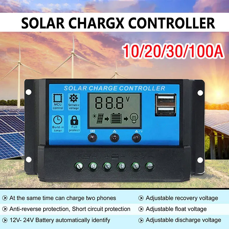 Солнечный Контроллер 12 В/24 В 10 А-30 А 100 ШИМ Регулятор С ЖК-дисплеем Двойной Выход USB