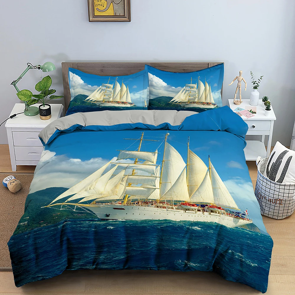 

Nautical Sailboat Duvet Cover Queen King Size 3D Oil Painting Boat Style Bedding Set Ocean Soft 2/3pcs Polyester Quilt Cover