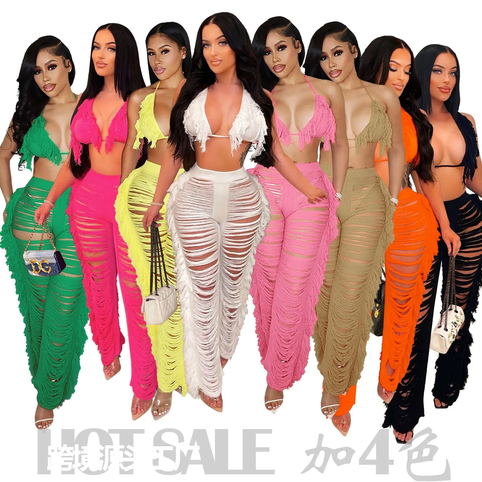 

2022 Summer New Sexy 2 Piece Outfits Fashion Knitted Hollow See-through Tassel Lace-up Vest Outfits Hot Sale Pants Sets