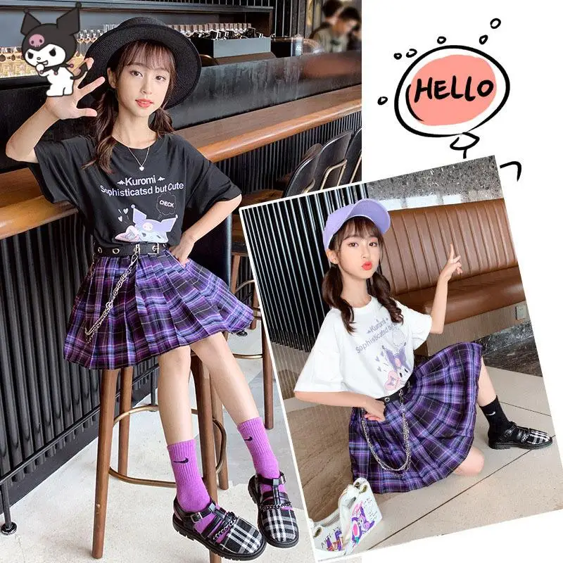 

Sanrio Kawaii Girl Summer Suit Anime Kuromi Cartoon Youth Children Outdoor T Shirt Short Pleated Skirt Set Girl Festival Gift