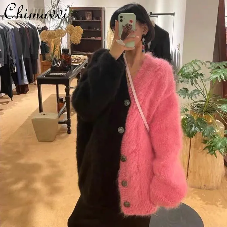 

Fashion Design Mohair Asymmetric Contrast Color V-neck Knitted Cardigan 2022 Spring New Lazy Elegant Slimming Loose Sweater