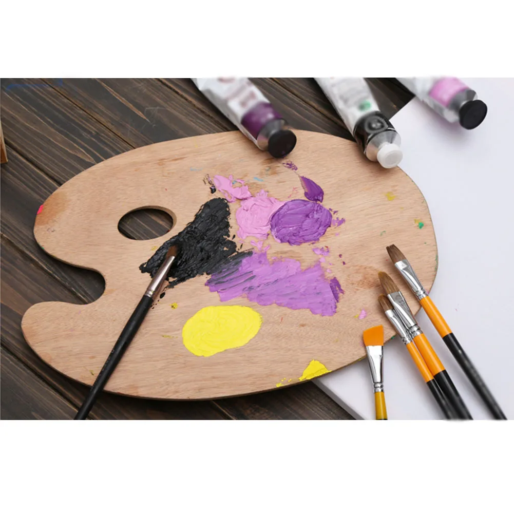 

With Thumb Hole Artist Watercolor Acrylic Flat Oval Art Supplies Tray Palette Smooth Oil Painting Wooden