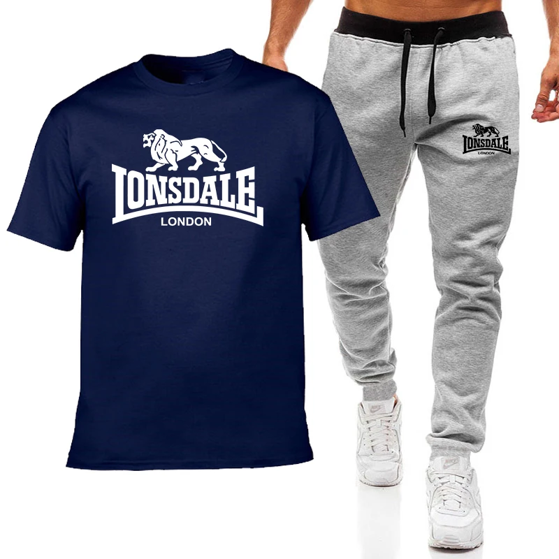 

Мужская спортивная одежда Lonsdale, комплект из двух предметов, короткий рукав и тонкие длинные повседневные штаны с принтом, лето 2022