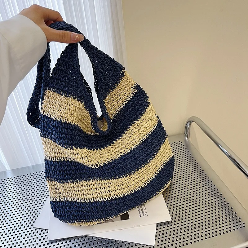 

Casual Stripes Crochet Handbags For Women Female Bag Large Totes Bag Women's Summer Beach Bag Fashion Hollow Woven Shoulder Bag