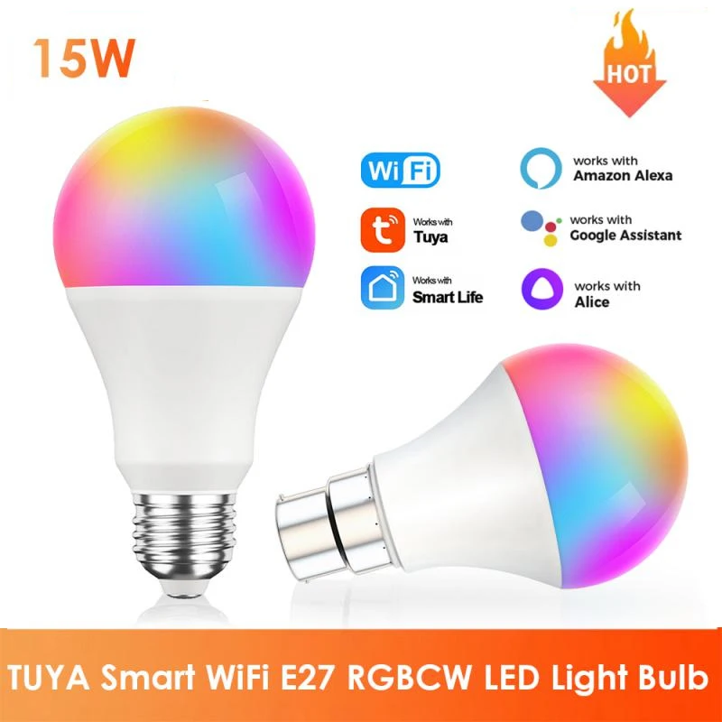

15W/9W TUYA Smart Life WiFi E27 RGBCW LED Lamp Bulb Lightbulbs Alexa Google Home Yandex Alice 100-240V Dimmable Magic Light Bulb