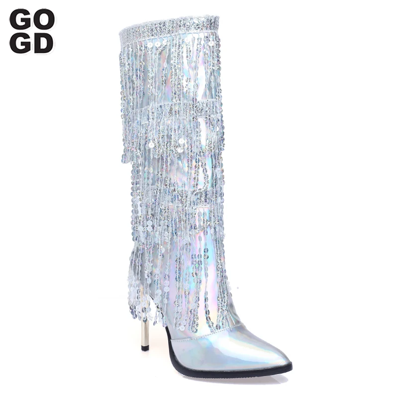 GOGD Brand Fashion Women Knee Boots Pointed Toe Fringe Sequined High Heels Metallic Glitter Sexy Tassel Zipper Stiletto Boots