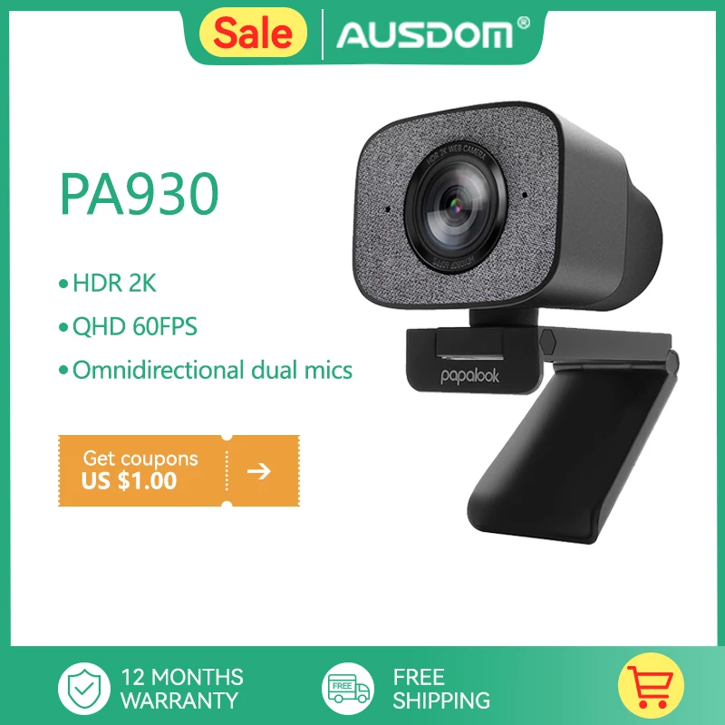 

Веб-камера AUSDOM & PAPALOOK PA930 HDR 2K 30 кадров в секунду, потоковая веб-камера в реальном времени с двойным стерео микрофоном ANC, угол 90 градусов для он...