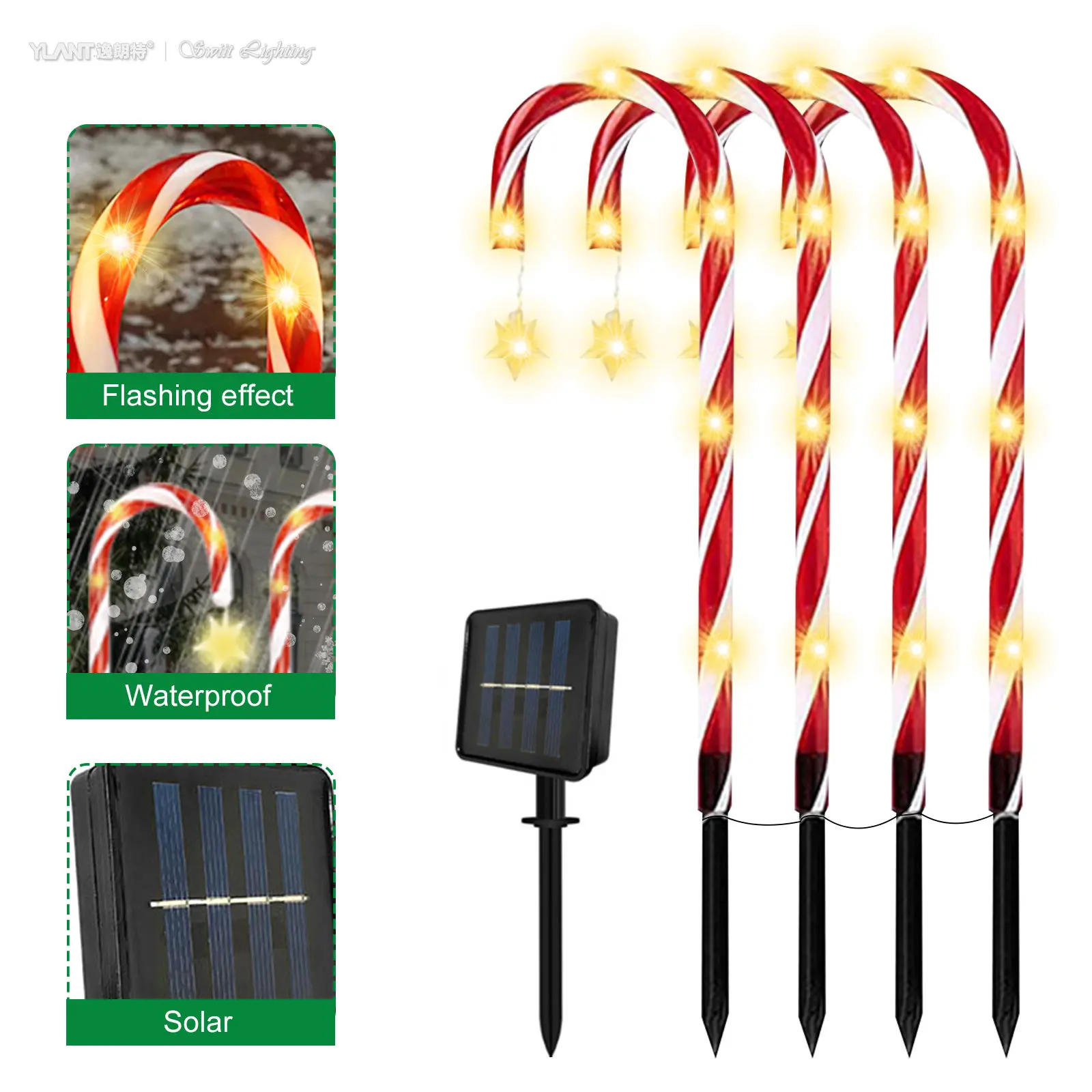 

Christmas Candy Cane LED Solar Lights 8 Modes Outdoors Waterproof Pathway Solar Lamp with Star for Garden Christmas Decoration
