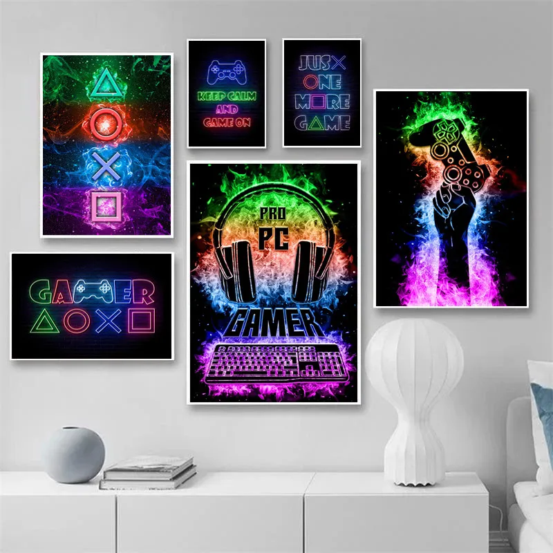 Neon Gamers Handle Headset Keyboard Canvas Painting Posters 