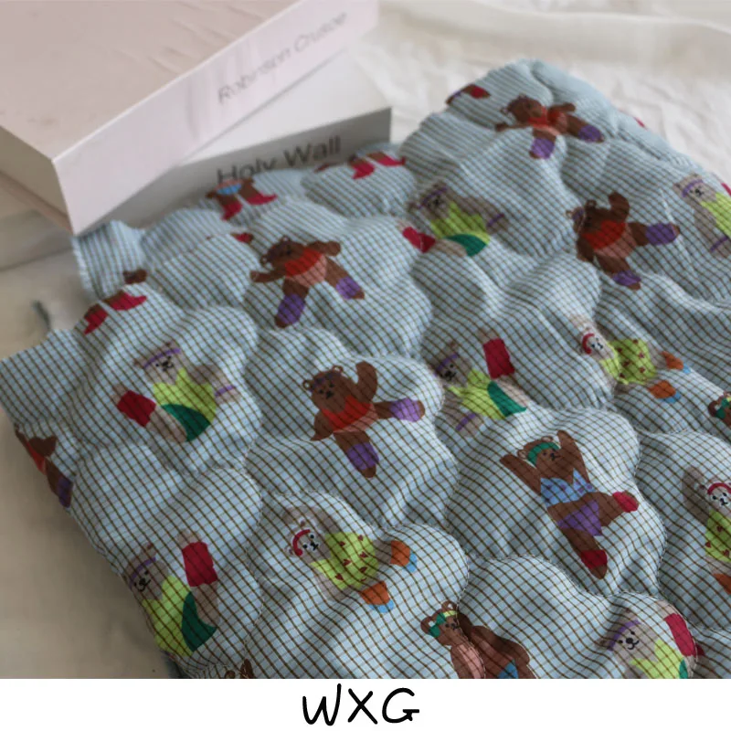 Синяя Клетчатая цветная пуховая ткань с принтом танцующего медведя стеганая для