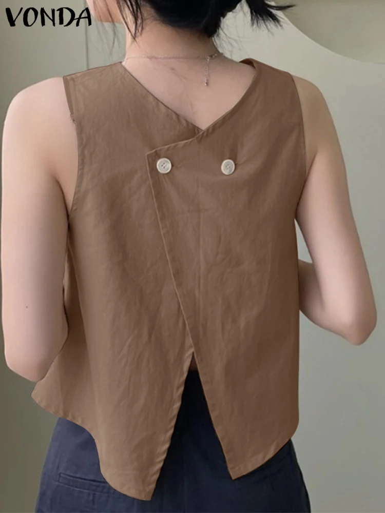 

VONDA Women Sleeveless Shirts 2023 Summer Both Side Wear Tops Fashion Buttons Casual Loose Top Vintage Blouse Solid Color Blusas