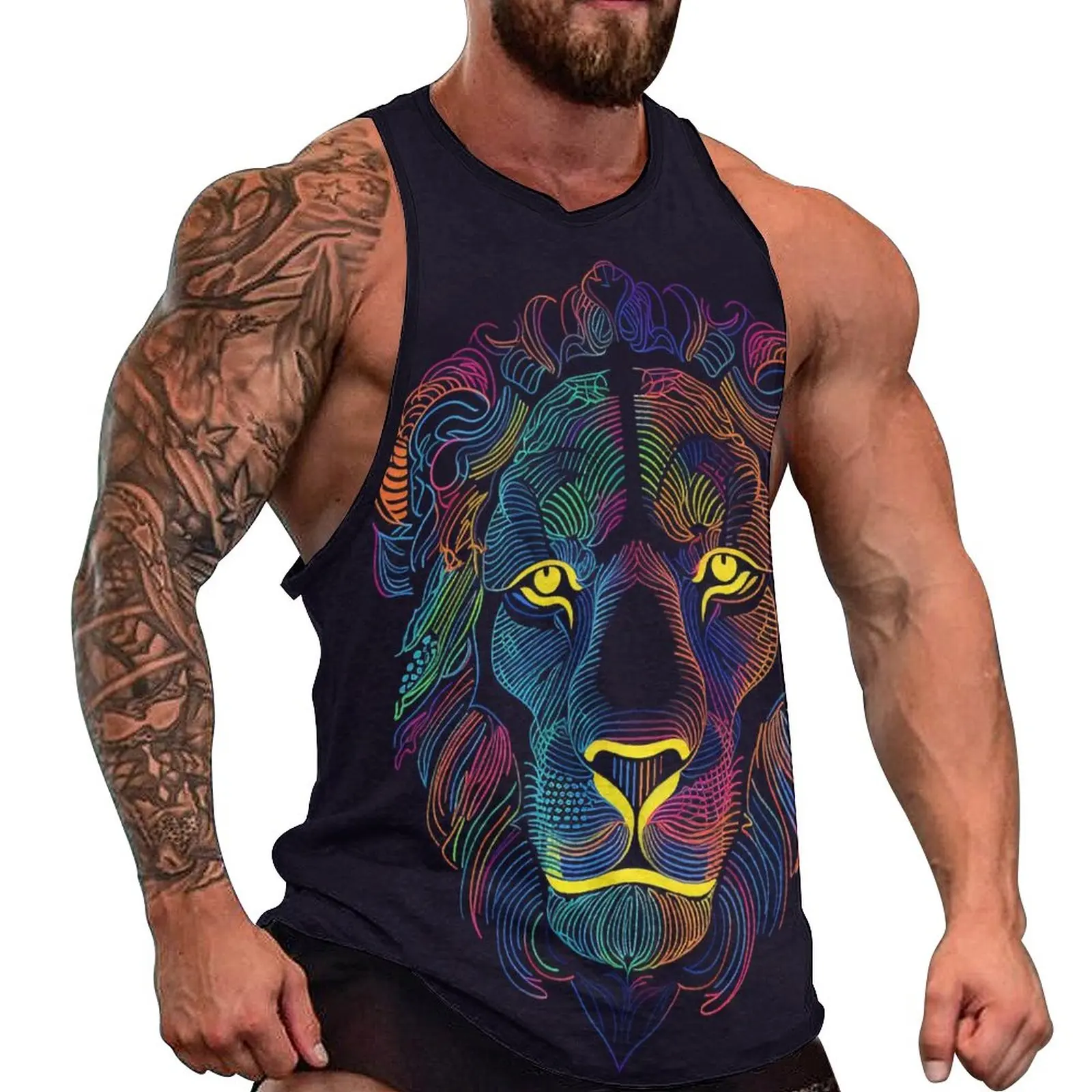 

Lion Tank Top Mens Neon Line Art Trendy Tops Summer Bodybuilding Pattern Sleeveless Vests 3XL 4XL 5XL