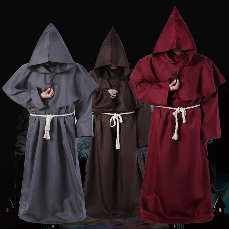 

Халат с капюшоном в средневековом стиле на Хэллоуин, костюм Чумного доктора, маска, шапка для мужчин, мужской монах, священник, ужас, накидка, волшебника, накидка