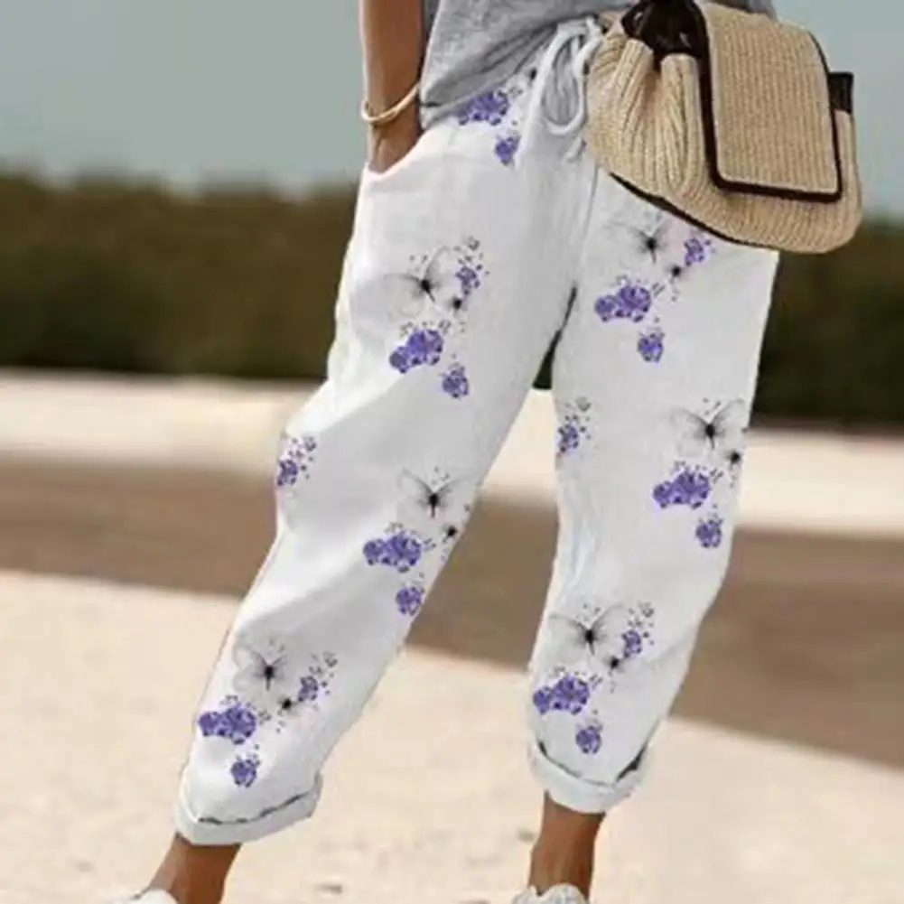 

Women Cropped Pants Elastic Waist Drawstring Retro Flower Print Mid-calf Length Pockets Casual Women Trousers Sweatpants
