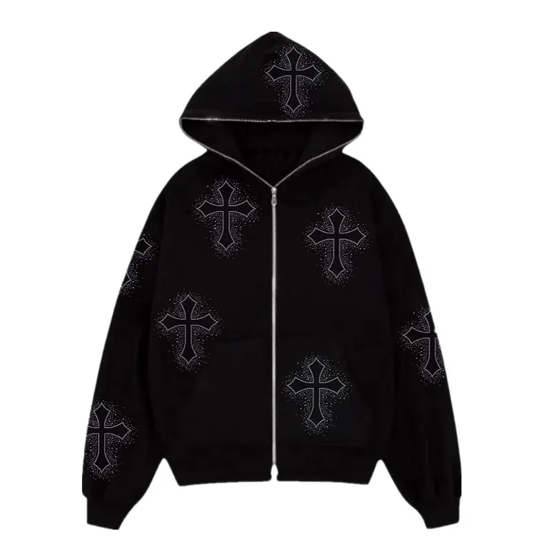 

Demon Slayer Mens Streetwear Hot Drilling Cross Hoodies Vintage Oodie Black Skeleton Hoodie Oversized Full Zip Hooded Sweatshirt