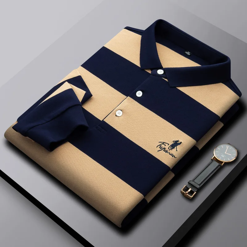 Premium brand striped embroidery cotton polo shirt men's 2022 new long sleeve T-shirt Lapel casual men's Korean Fashion Top