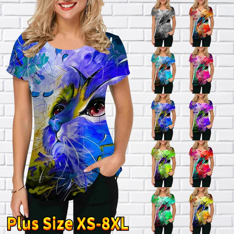 

Женская футболка с принтом кошки, Свободный Топ с коротким рукавом и круглым вырезом, модная уличная одежда, Новинка лета 2022