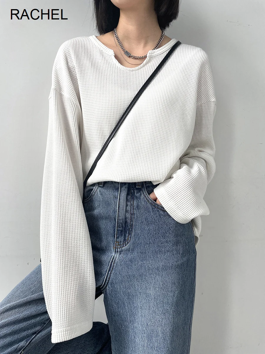 

Women's Sweater Top Korean Chic Texture Waffle White Drop Collar T-shirt Rachel