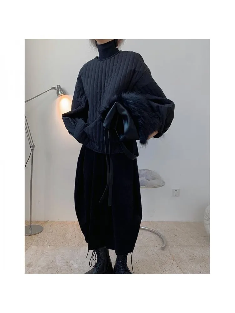 2022 Fall Winter New Japanese Lazy Profile Pullover Quilted Short Black Parka Women O Neck Loose  Warm Coat Jacket