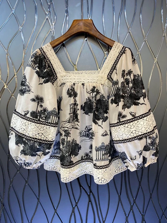 

2023 new women fashion lantern long sleeve sexy casual square neck lace edge ink print doll top shirt 0709