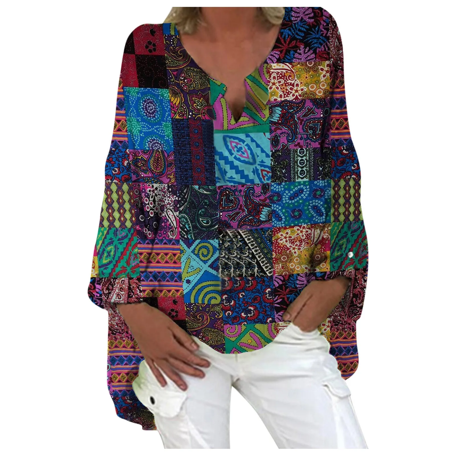 

Женские топы, женская модная Свободная блузка с принтом в стиле бохо, свободная рубашка с длинным рукавом и V-образным вырезом, женские укороченные топы Y2k, милая майка