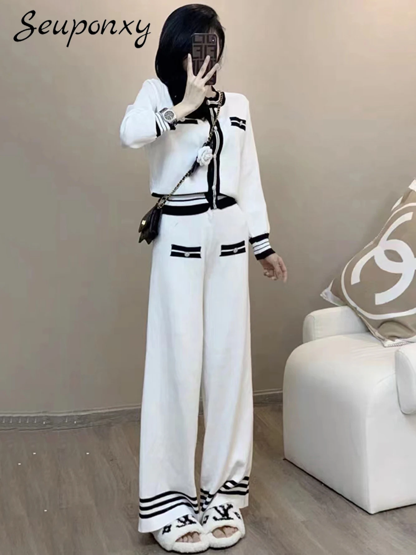 

High Quality Autumn Sexy Long Sleeve Cardigan + High Waist Wide Leg Pants Casual Set 2022 Women's Slim Knit 2 Two Piece Set