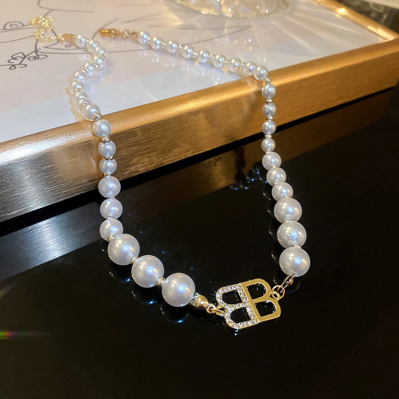 

New Fashion 14K Real Gold Letters Pearl Chain Pendant Necklace for Women Girl Temperament Jewelry Birthday Party Ins Hot Gift
