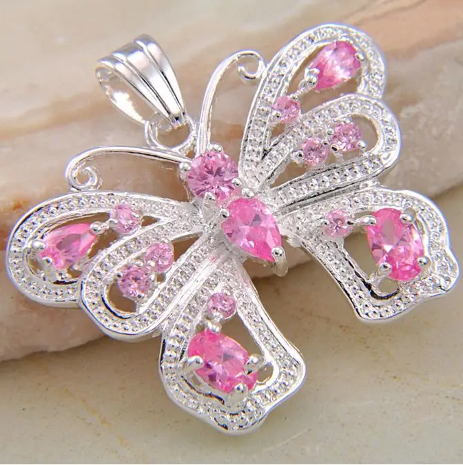 

ANGLANG New Fashion Butterfly Pink Cubic Zirconia Small Pendant Necklace Silver Color Bijoux Collier Elegant Women Jewelry Gifts