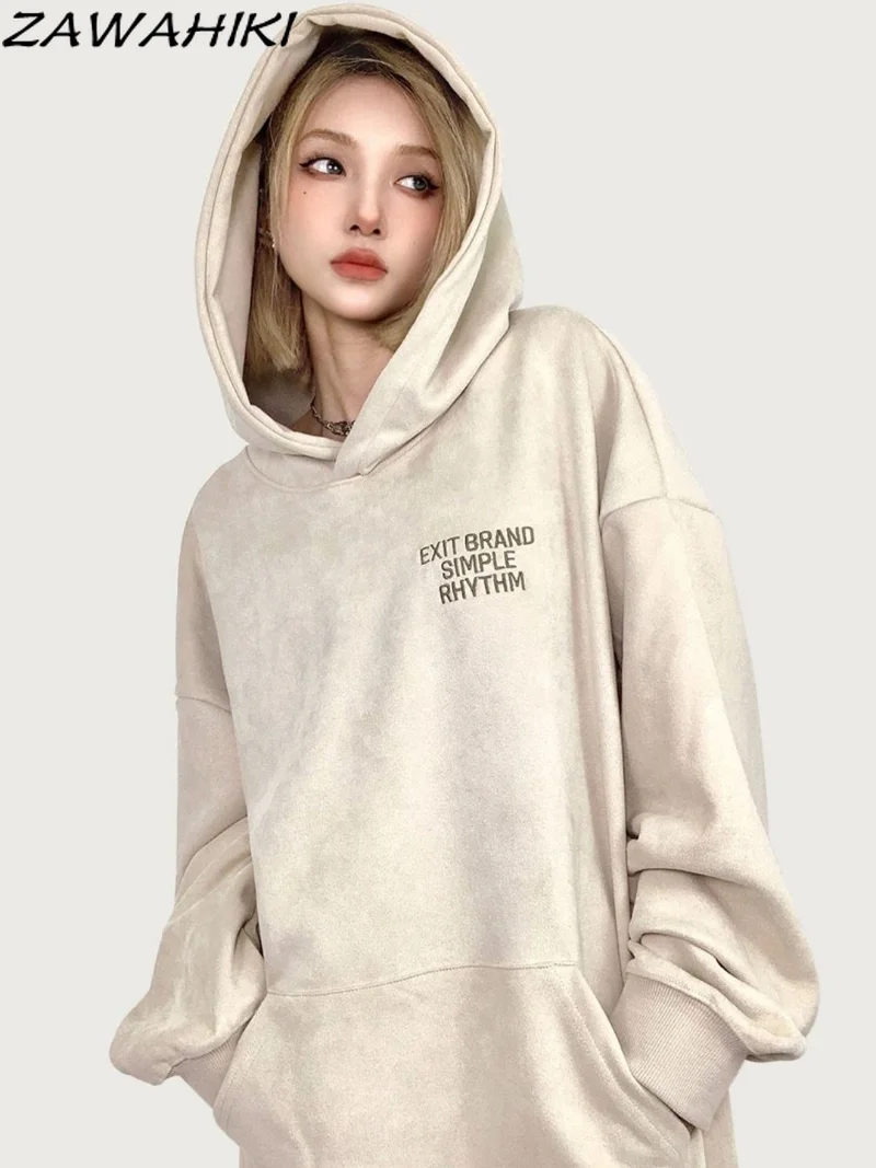 

Y2K 90s Aesthetic Apricot Sweatshirt Women Vintage Harajuku Loose Letter Print Hoodie Female Long Sleeve Casual Outerwear