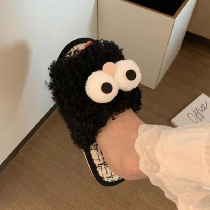 Пушистые меховые тапочки для глаз женские домашние нескользящие милые хлопковые