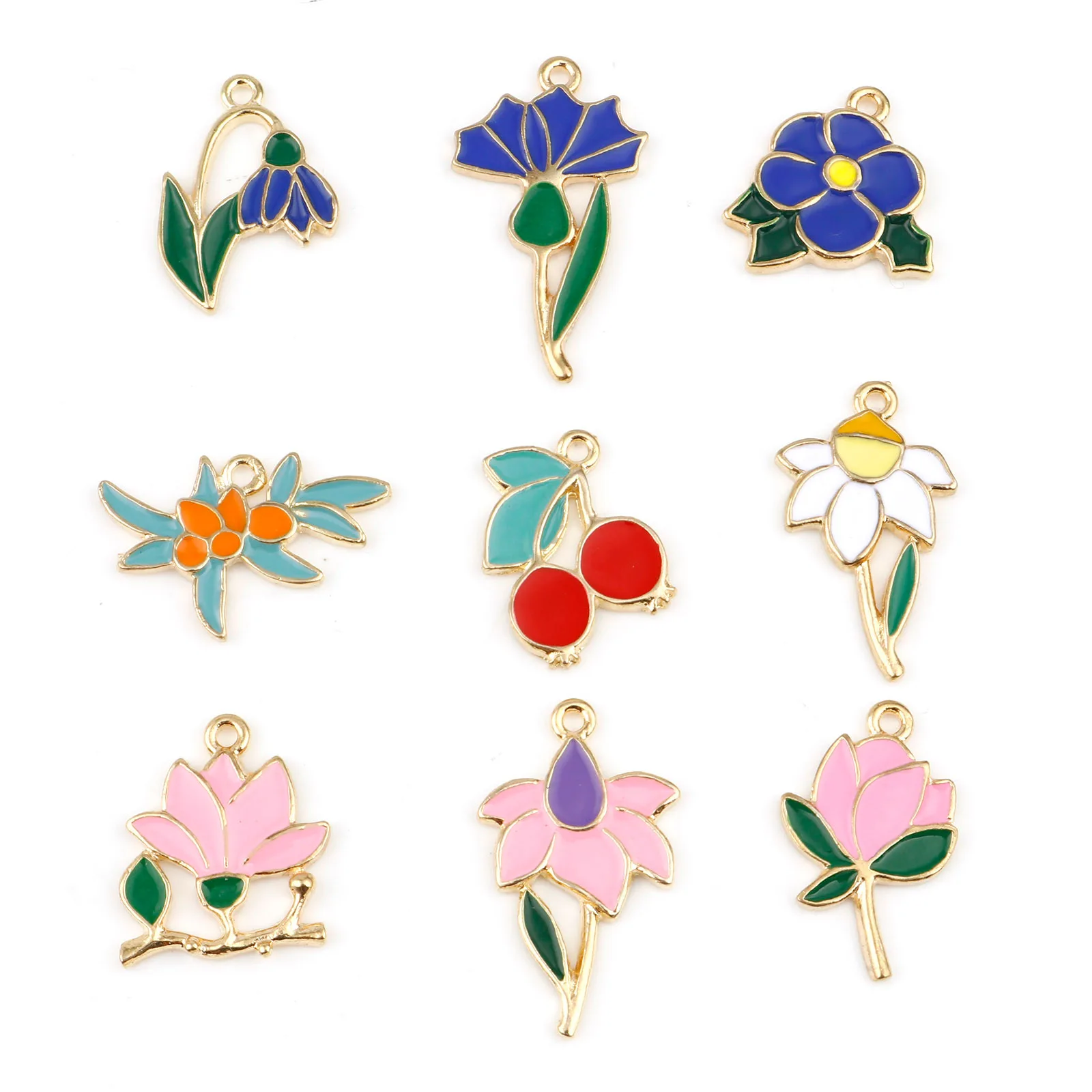 

5PCs Flower Cherry lute Enamel Charms Gold Color Metal Pendants DIY Making Necklace Bracelets Jewelry Finding