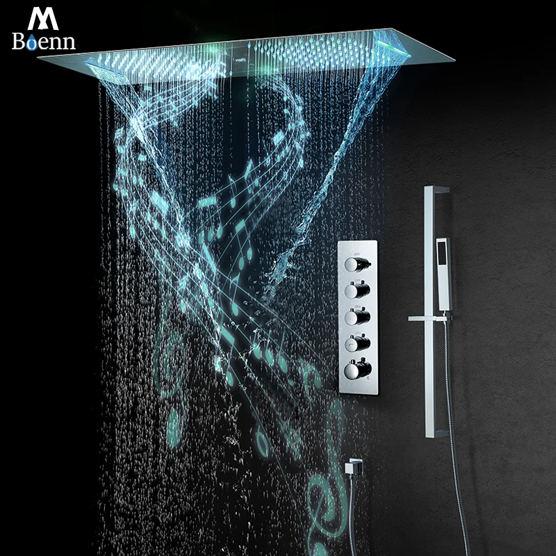 

M Boenn 4 Functions Chrome Plated LED Shower System Thermostatic Faucet Bathroom Embedded High Pressure Water Column ShowerHeads