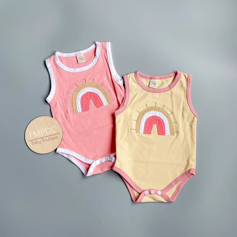 

Korean Summer Romper Clothes Headband Set Pasted Rainbow Rompers Thick Cotton Outfit Baby Girl Cotton Ribbed Sleeveless Jumpsuit