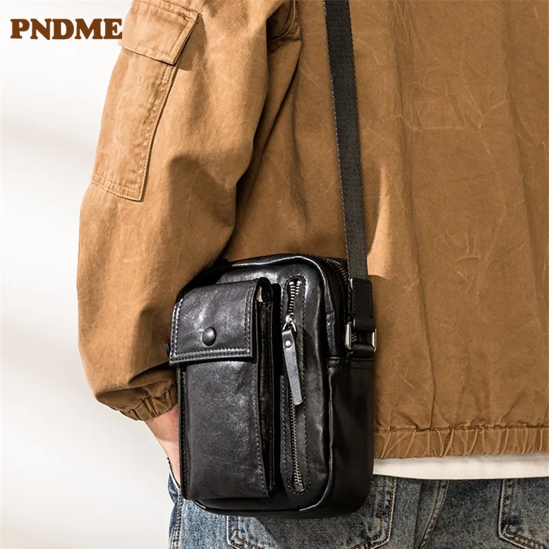 PNDME simple casual high quality natural real leather men small shoulder bag outside organizer real cowhide black crossbody bag
