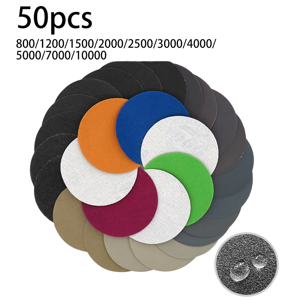 50PCS 3inch Wet/Dry Sandpaper Hook Loop Silicon Carbide Sanding Discs Assorted Grit 800/1200/1500/2000/2500/3000/4000/ 5000/7000