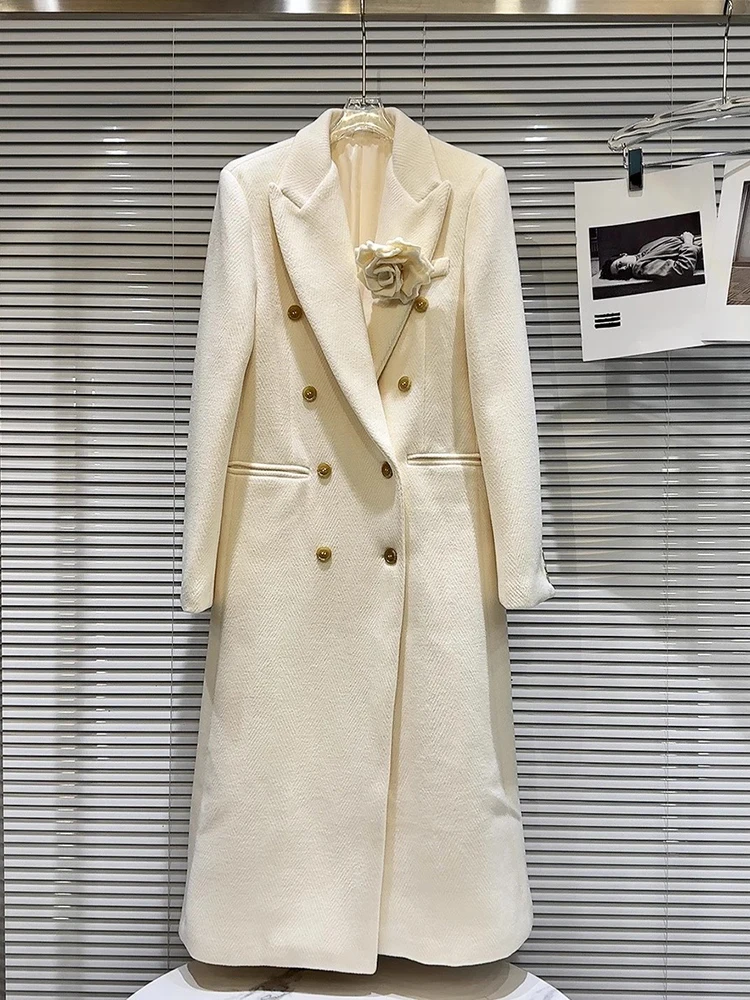 

Женское длинное шерстяное пальто HIGH STREET, дизайнерское модное трехмерное пальто с булавкой в виде цветка, новинка 2023