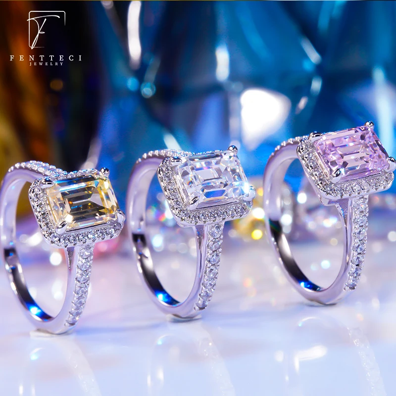 FENTTECI S925 Sterling Silver Gold Plated Square Moissanite Ring for Women Wedding Bands Anniversary Party Gift Fine Jewelry