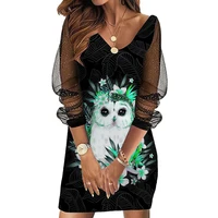 womens flower owl print long sleeve package hip dresses work dress mesh vestido club dress party bodycon dress a line dress