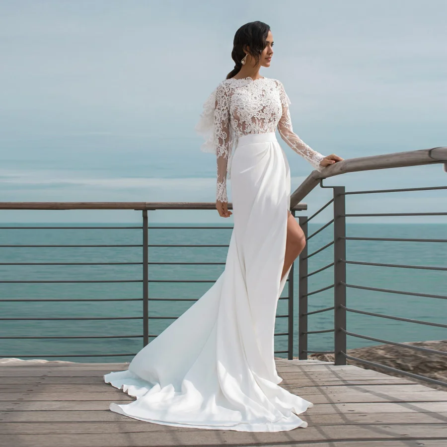 

Bohemian Wedding Dress Boat Neck Bridal Gown Long Sleeve Backless High Slit Lace Robe De Mariée Satin Sheath Vestido De Noiva
