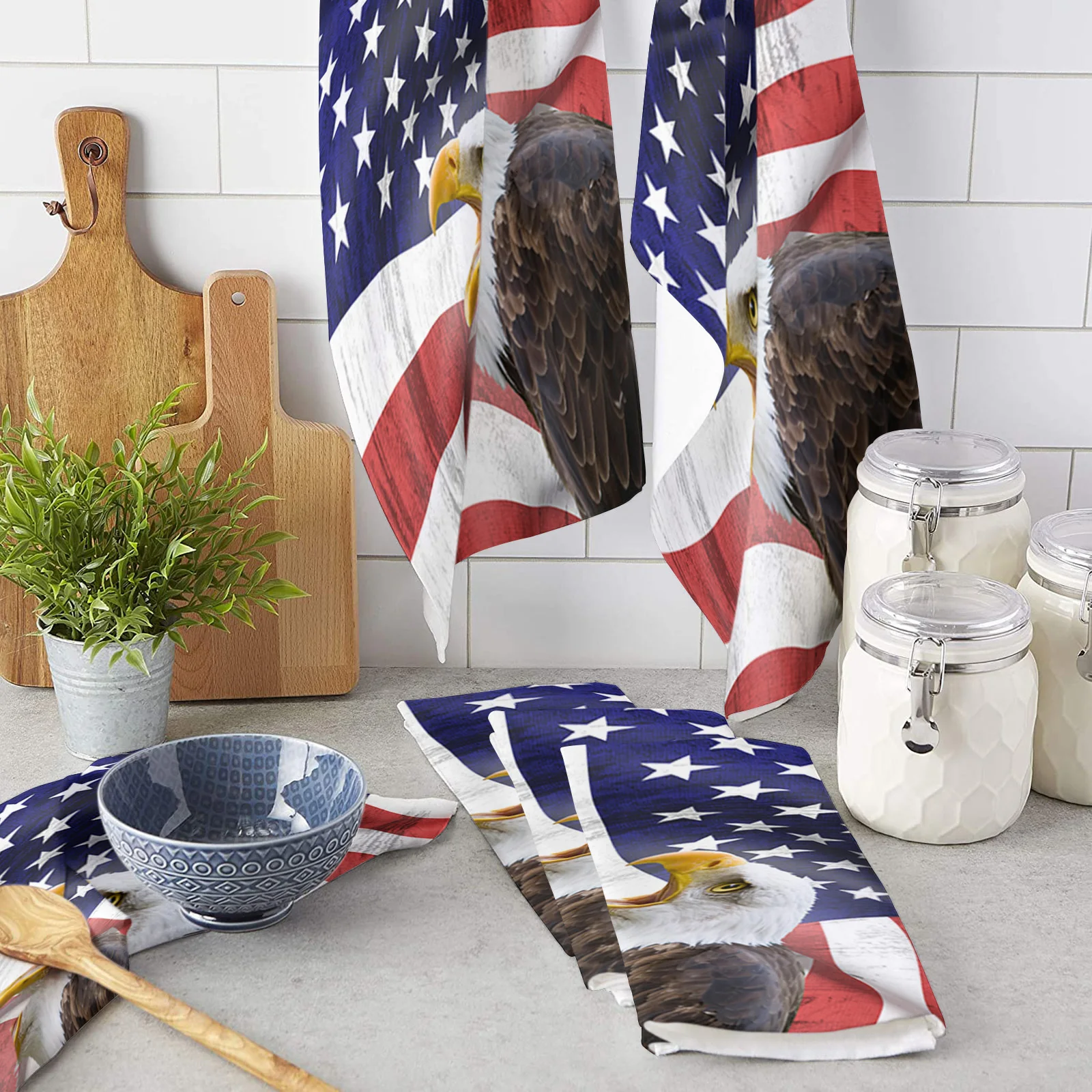 

Набор кухонных полотенец с американским флагом и орлом, чистящая ткань, кухонные аксессуары, ткань для мытья посуды, домашний декор
