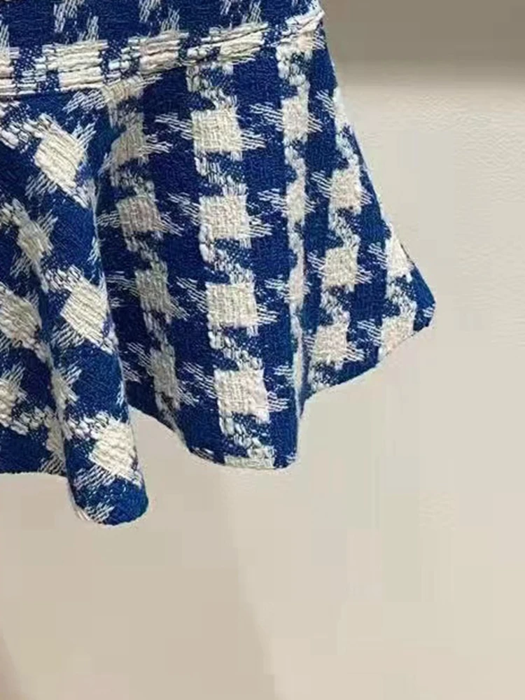 

2022 Spring and Summer New Blue Houndstooth Ruffled Hem Pockets Women Mini Skirt