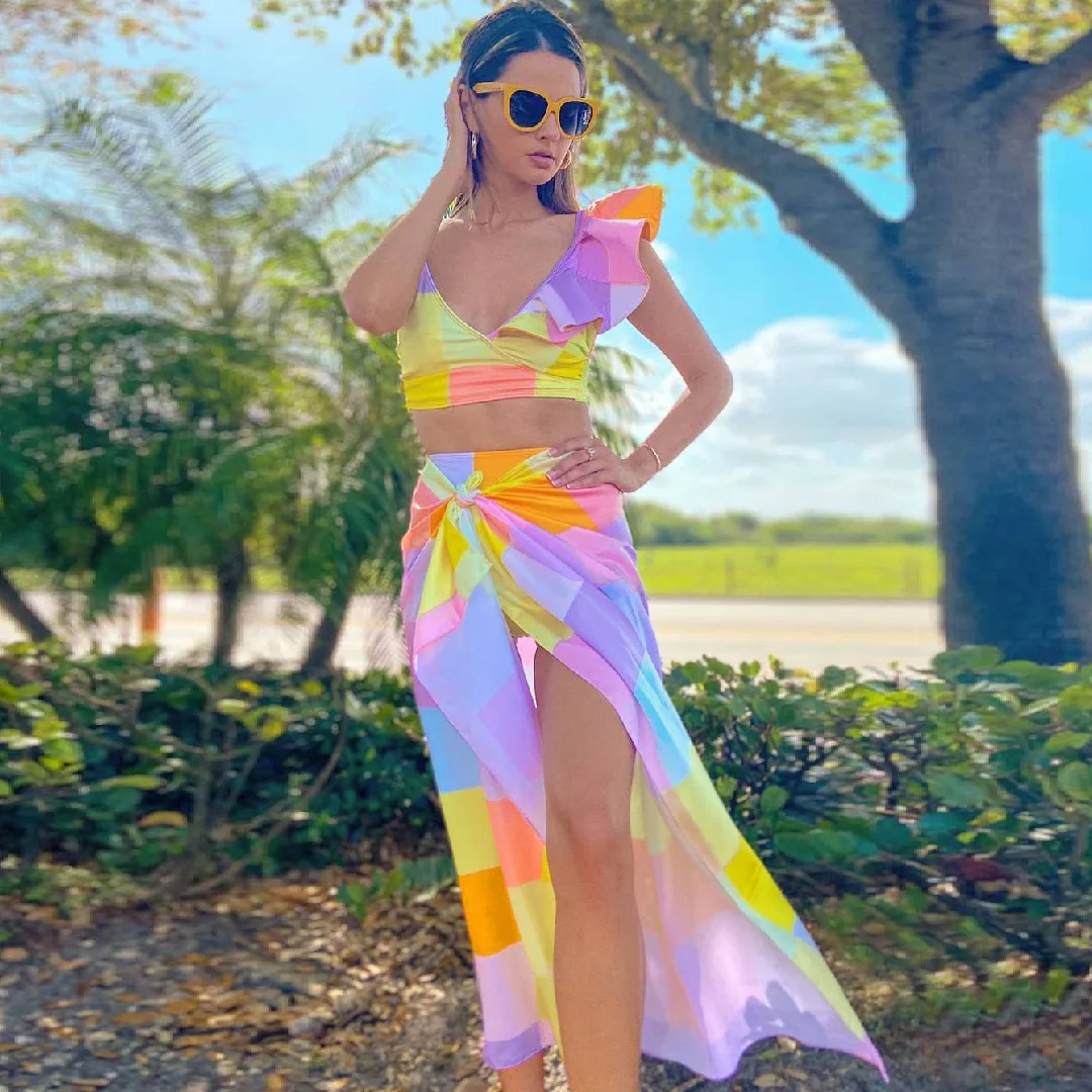 

Sling One-shoulder Ruffled Split Swimsuit Three-piece Spinning Skirt Macron Plaid Print High Waist 2023 New Swimwear Cover Up