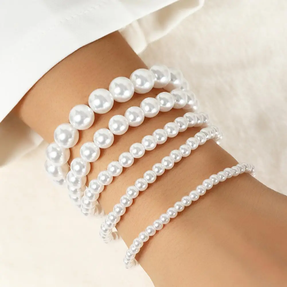 5Pcs Women Bracelet Stretch Multilayer Jewelry Plastic Faux Pearl Beads Bracelet Wedding