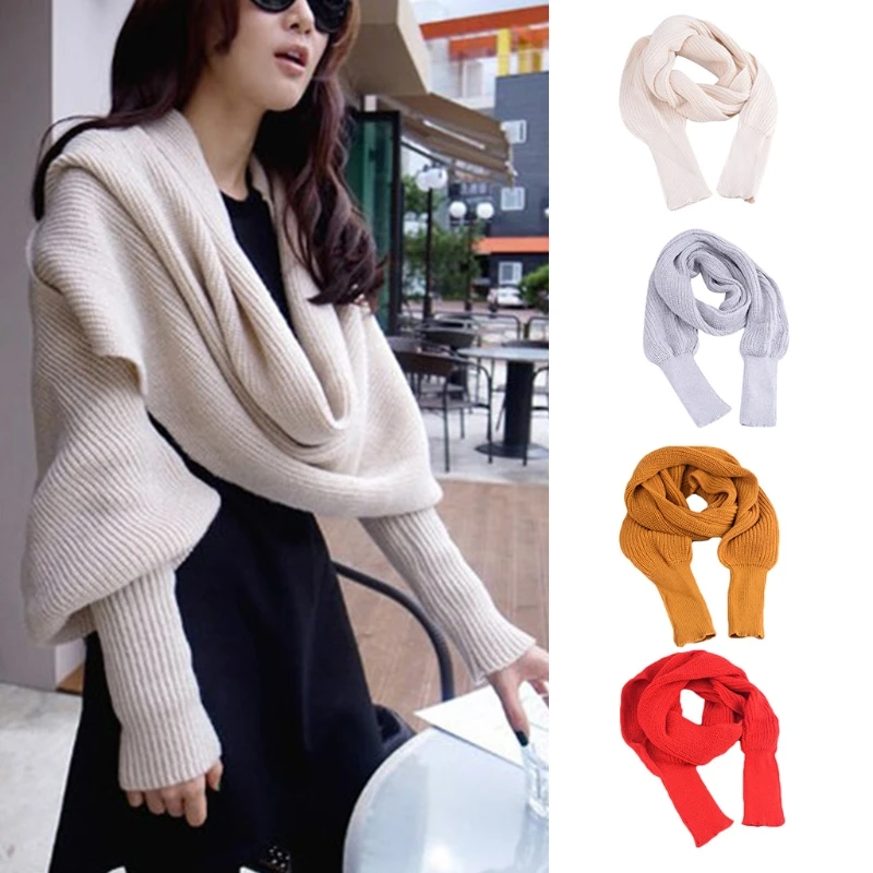 

Женское зимнее вязаное одеяло, длинная шаль, накидка с рукавами, однотонный вязаный свитер, шарф, многофункциональная накидка, обогреватель для шеи