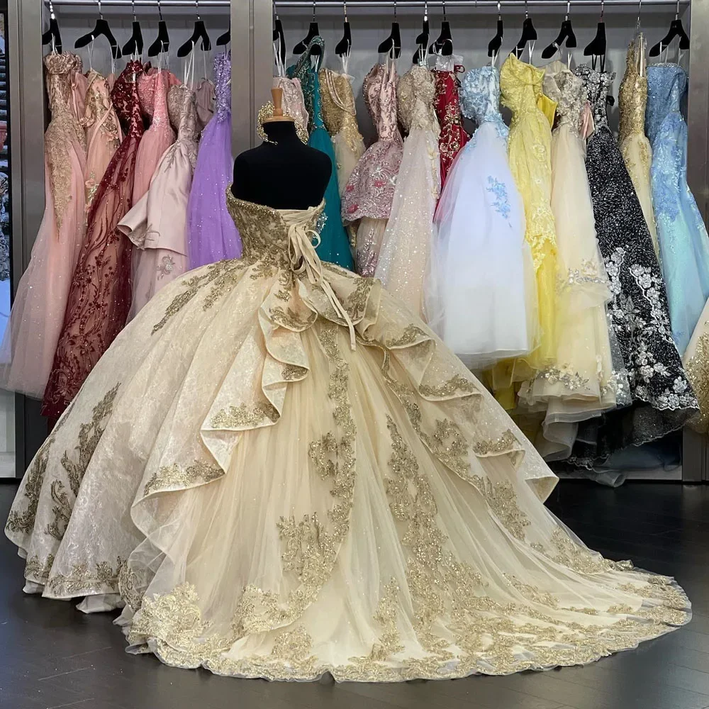 Angelsbridep Роскошные платья Quinceanera цвета шампанского милое золотое кружевное платье