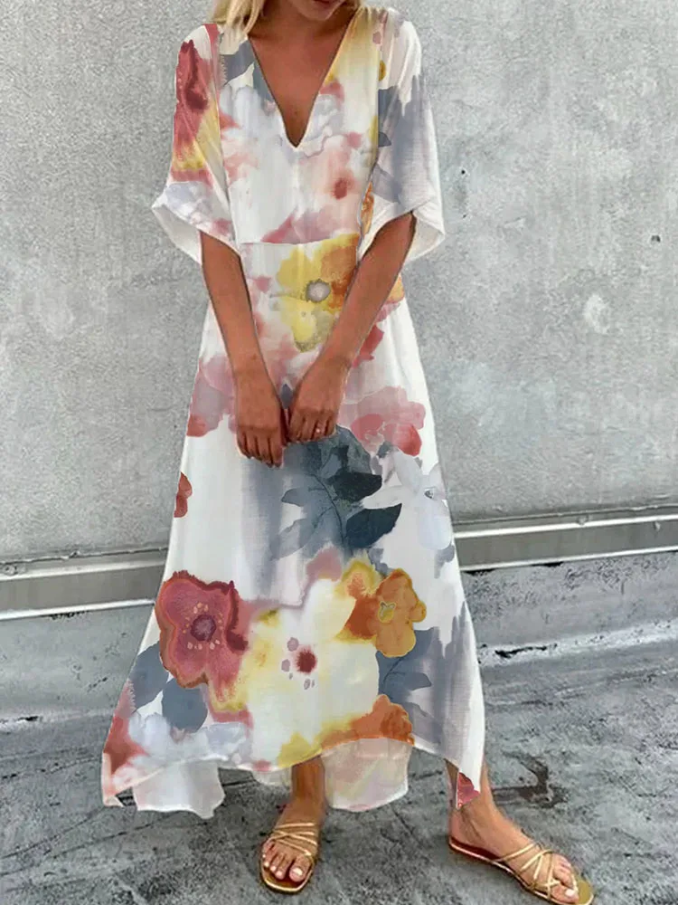 

Women Elegant Dress Sexy V Neck Loose Dress Sundress Maxi Half Sleeve Beach Streetwear Dress Ladies 2022 Printing Dress Robe