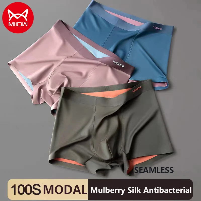 

MiiOW 3pcs 100S Modal Seamless Men's Underwear Boxer Shorts Mulberry Silk Antibacterial Men Panties Traceless Male Underpants