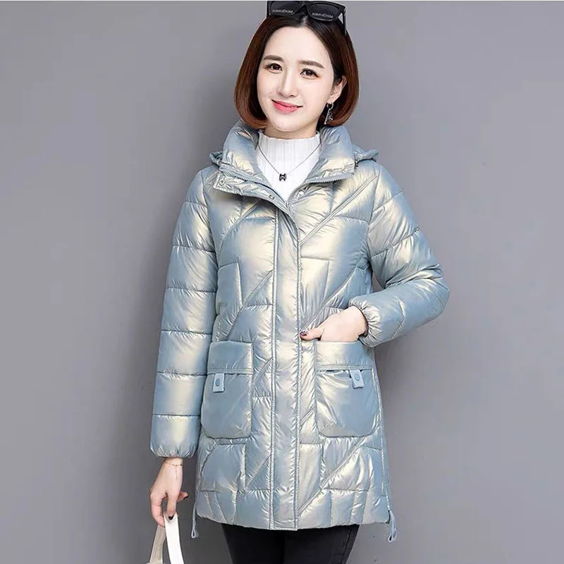 2023 New Glossy Down Cotton Jacket Women Winter Loose mid-length Hooded Warm Thicken Outwear Casual Female Parkas Overcoat