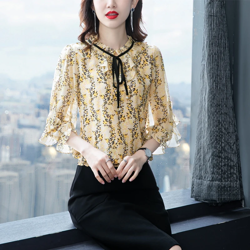 

Шифоновая женская блузка с принтом, рубашка с круглым вырезом, повседневный Топ с длинным рукавом, модная женская одежда на весну и осень