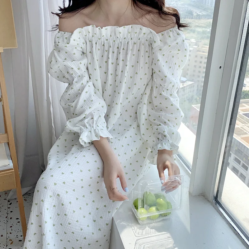 

Sweet Heart Print Spring Nightgown Women Kawaii Square Collar Long Sleepwear Cotton Cold Shoulder Nightdress Homewear